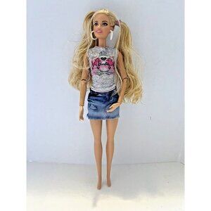 2015 Mattel Barbie My Fab Fashions Redressed 2013‎ Y2K Tee Jean Skirt Pig Tails
